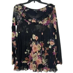 INC Y2K Sheer Floral Mesh Ruffle Babydoll Top Whimsigoth Dark Romantic L
